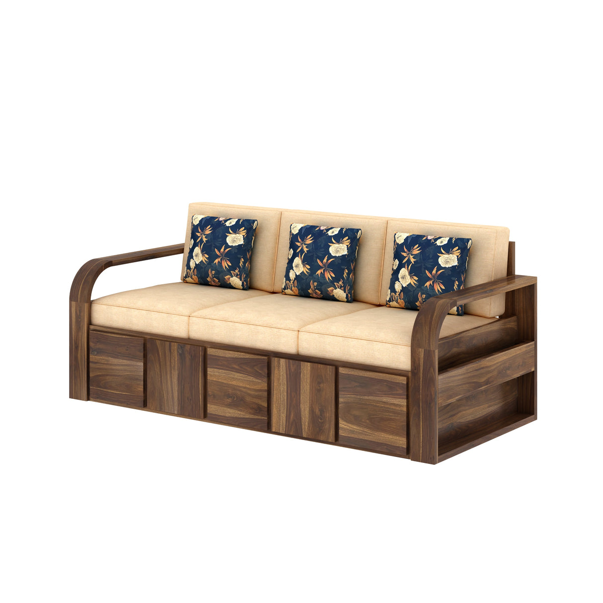 Scott Solid Sheesham Wood 3 Seater Sofa With Side Pockets - 3 years Warranty
