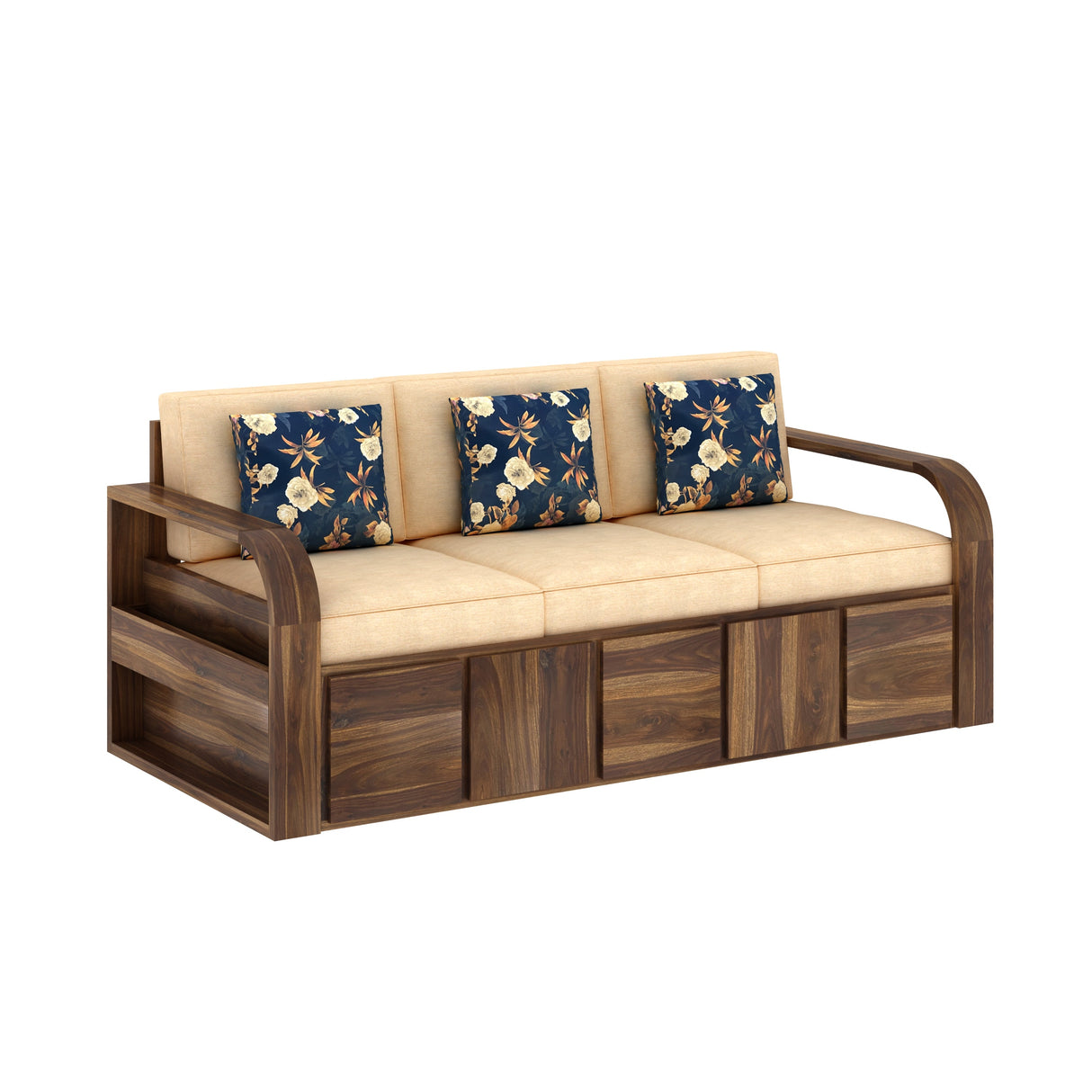 Scott Solid Sheesham Wood 3 Seater Sofa With Side Pockets - 3 years Warranty