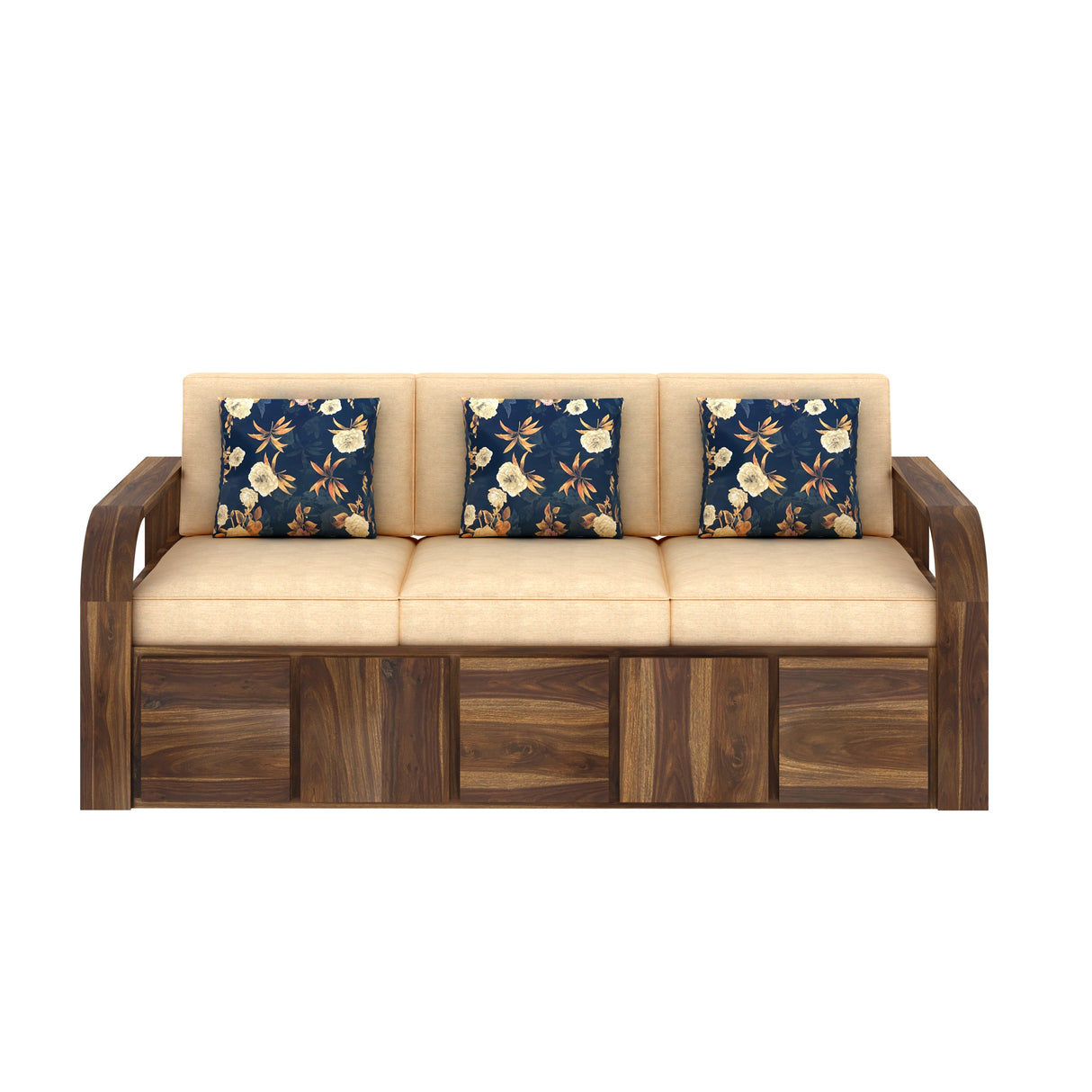 Scott Solid Sheesham Wood 3 Seater Sofa With Side Pockets - 1 Year Warranty