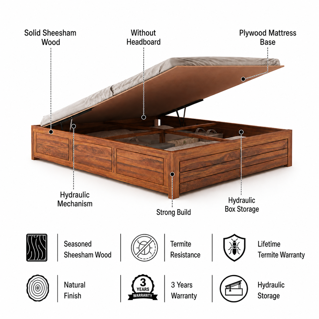 Italian Solid Sheesham Wood Bed With Hydraulic Storage Without Headboard - 3 Years Warranty features