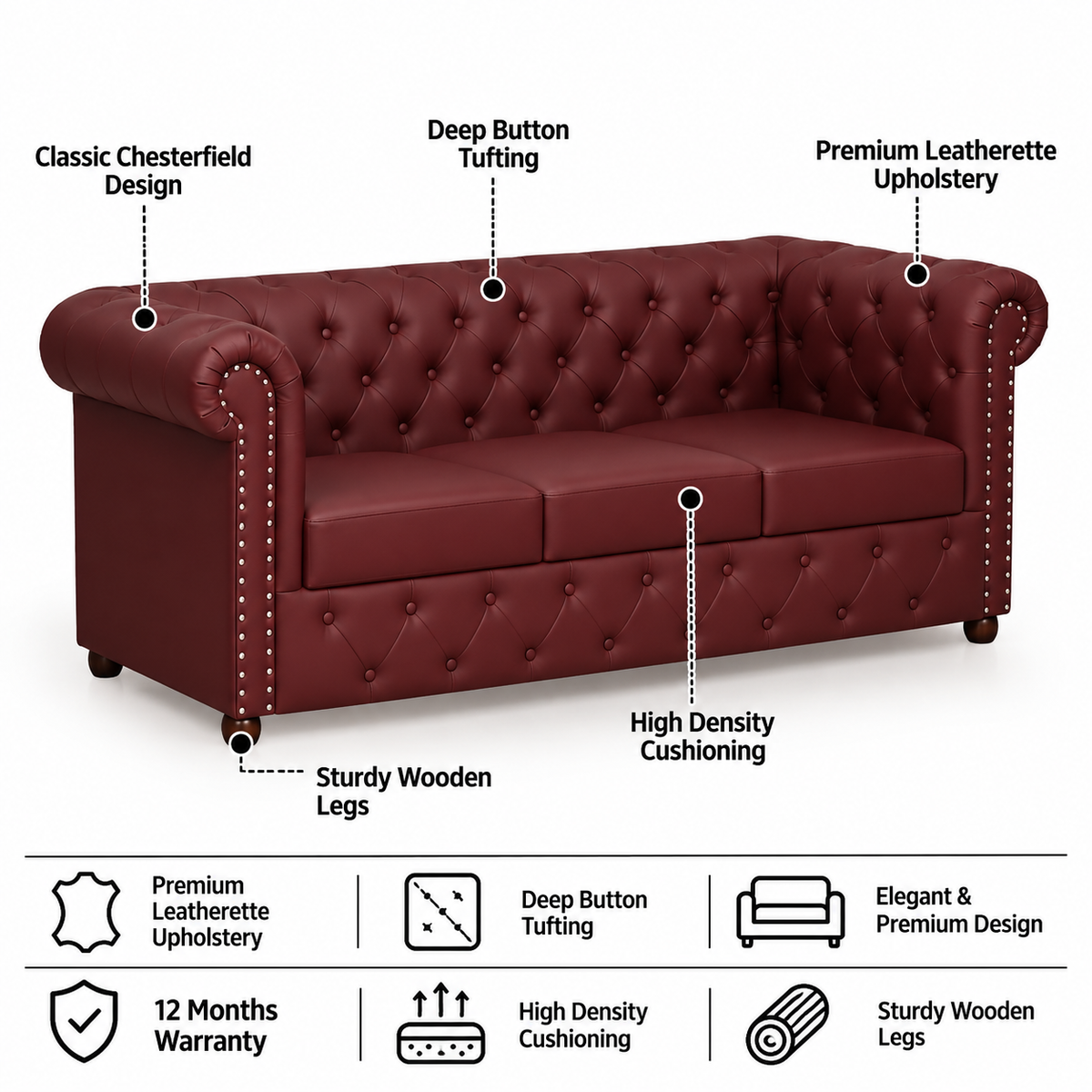 RAJ Three Seater Upholstered Sofa Leatherette - 12 Months Warranty - MAROON features