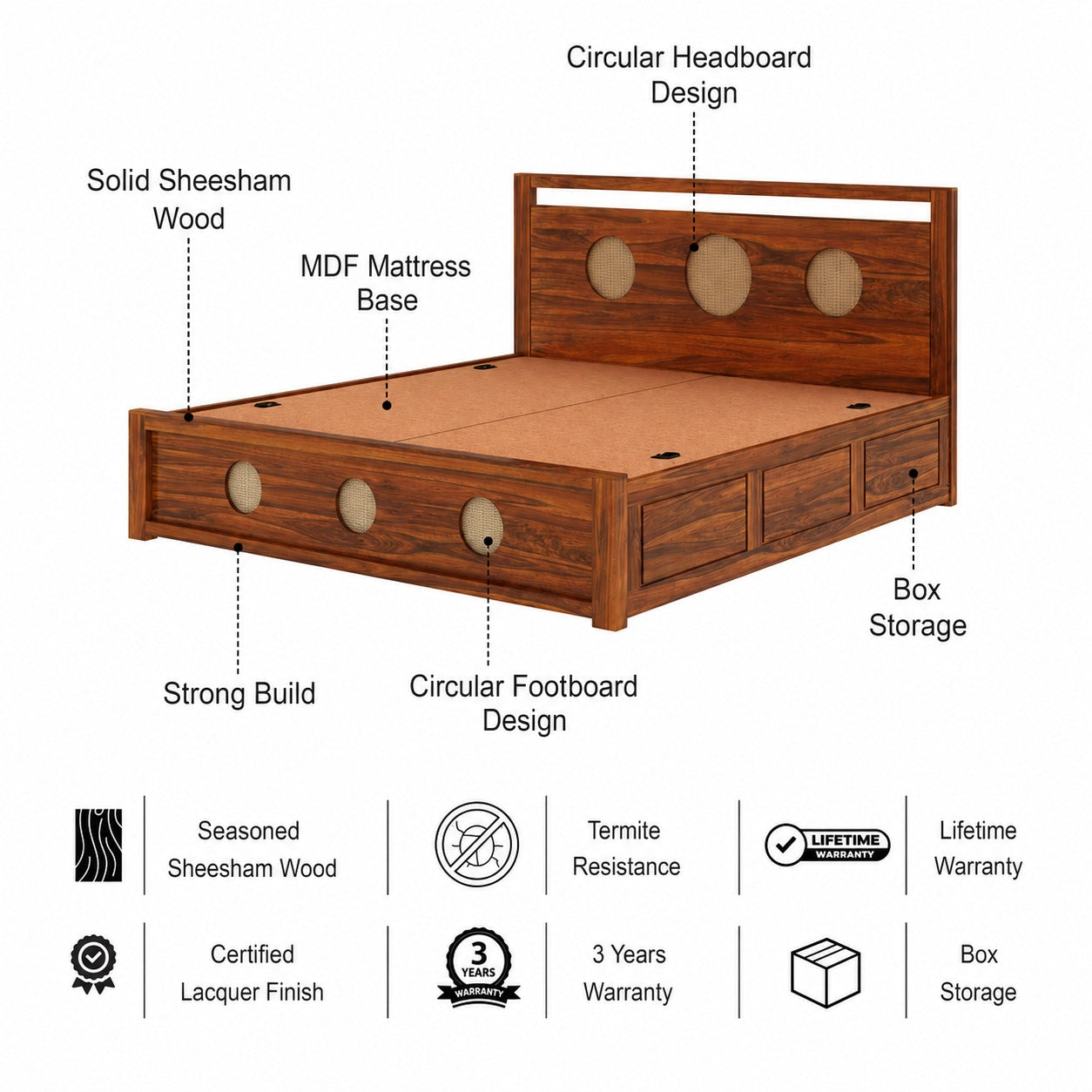 Cosmos Solid Sheesham Wood Bed With Box Storage - 3 years Warranty features