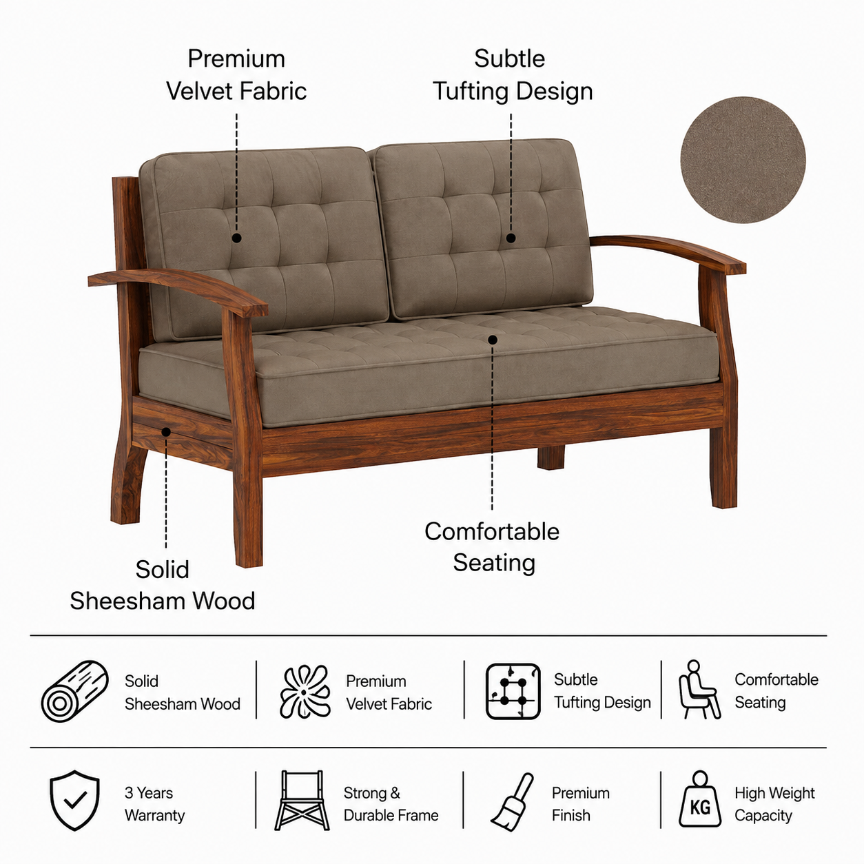RAYON Solid Sheesham Wood 2 Seater Sofa - 3 Year Warranty (LUXE EDITION) features