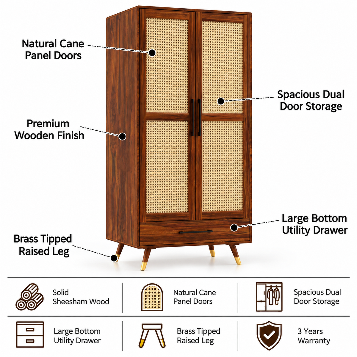 Riverton Solid Sheesham Wood Wardrobe With Two Doors and Drawer - 3-Year Warranty