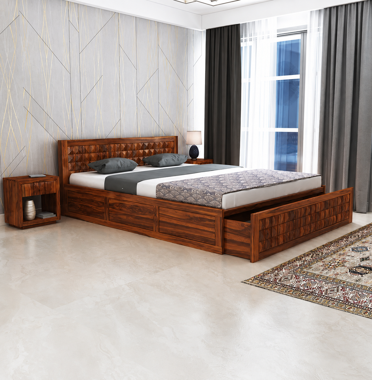 Oslo Diamond Solid Sheesham Wood Bed With Half Box and Trolly Storage - 3 Years Warranty