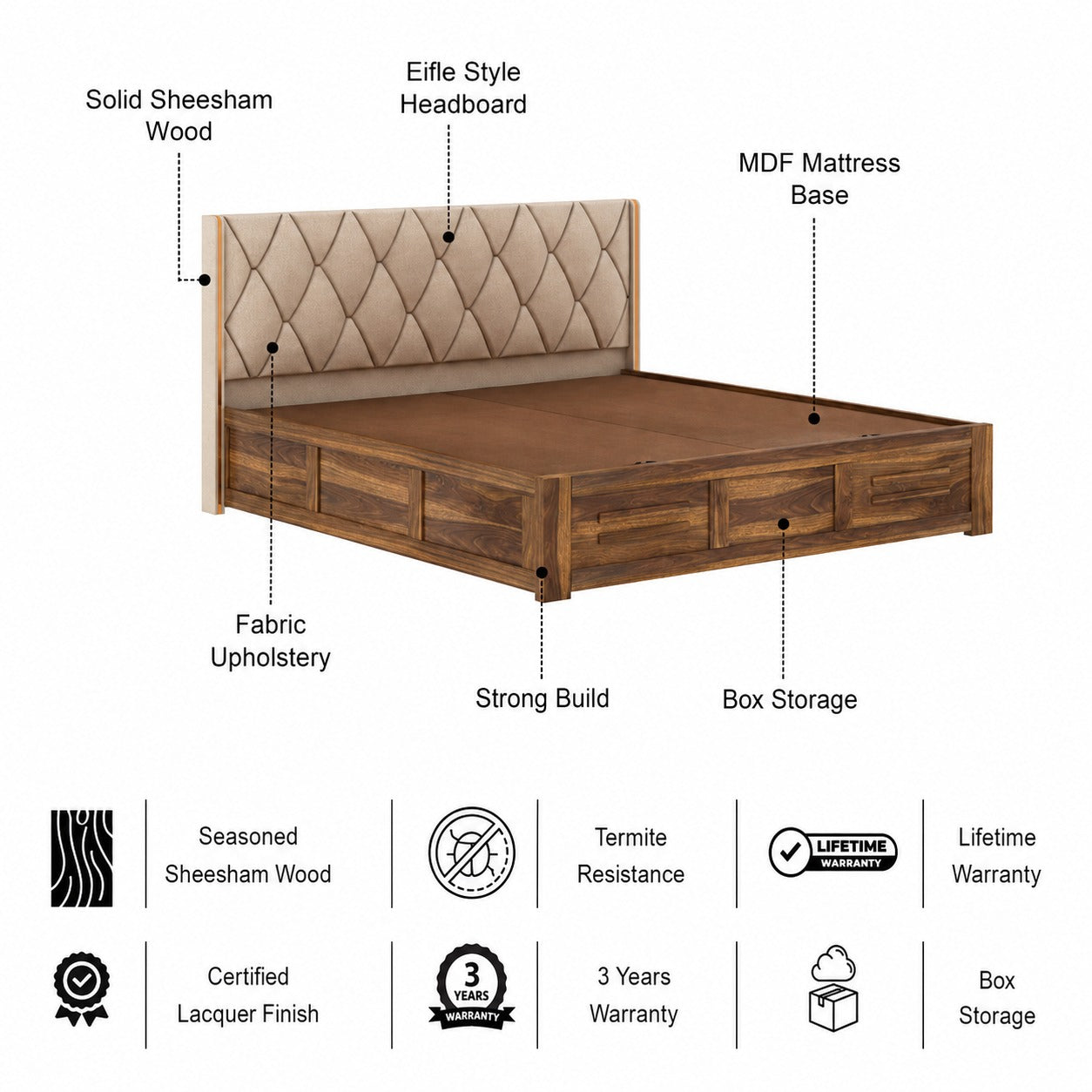 Swiss Solid Sheesham Wood Bed With Box Storage & Eifle Style Upholstered Headboard-3 years Warranty(LUXE EDITION) features