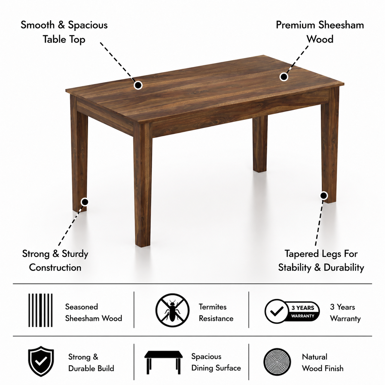 Syrus Rattan Solid Sheesham Wood 6 Seater Dining Table Set- 3 Years Warranty features