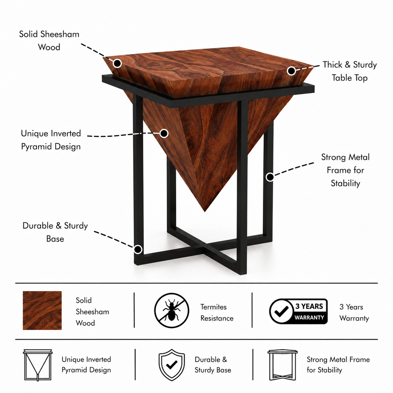 AURA Solid Sheesham Wood End Table - 3 Years Warranty features