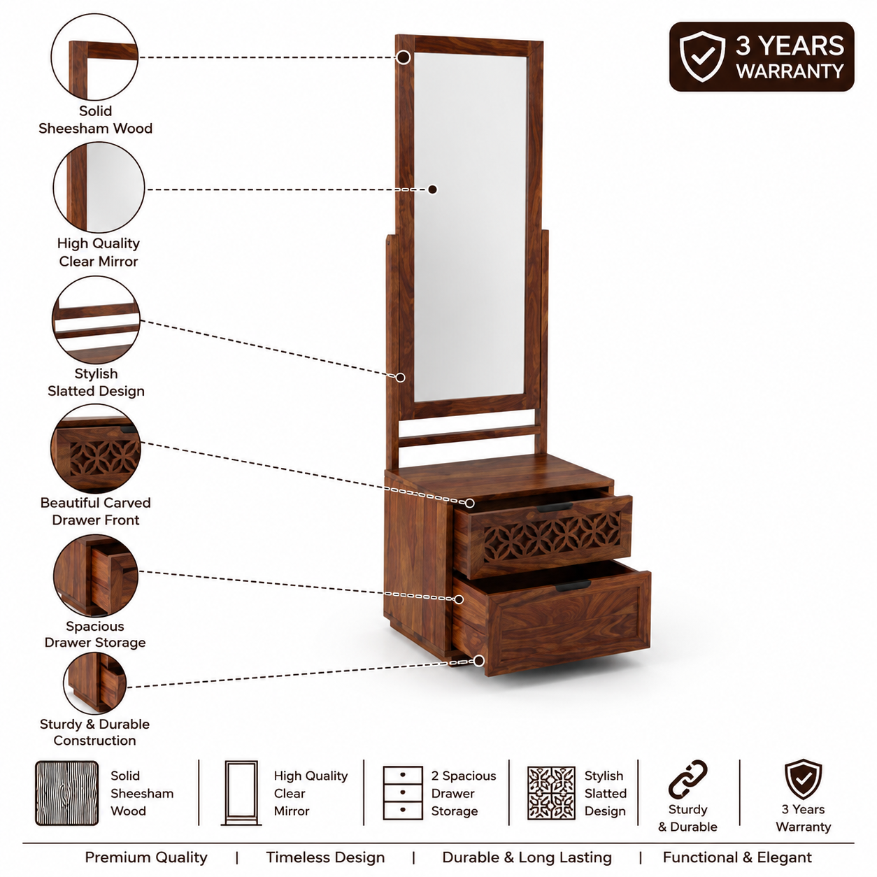 Jodhpur Solid  Sheesham Wood Dresser With Two Drawer - 3 Years Warranty features