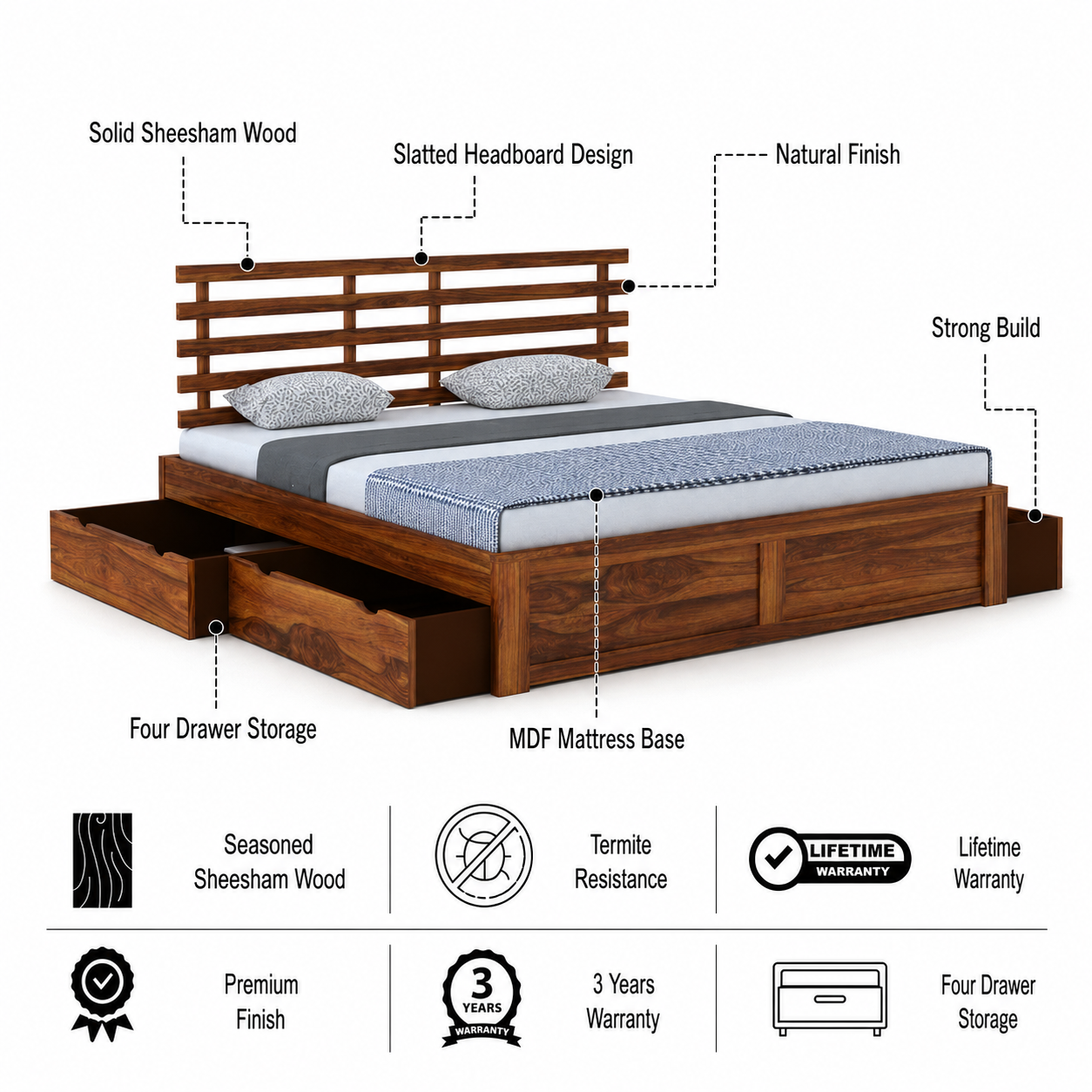 Strap Solid Sheesham Wood Bed With Four Drawer Storage - 3 Years Warranty features
