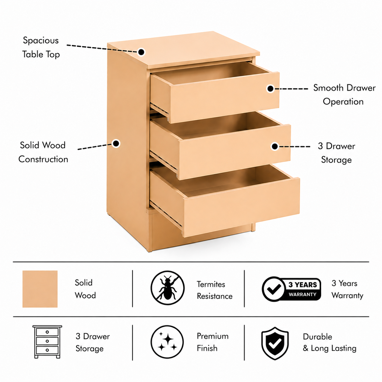 DENIEL Solid Wood Bedside Table With 3 Drawers Storage - 3 Years Warranty (LUXE EDITION) features