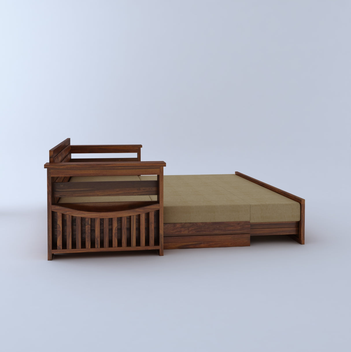 OSLO Solid Sheesham Wood 3 Seater Sofa Cum Bed With Headboard and Mini Storage - 3 Years Warranty