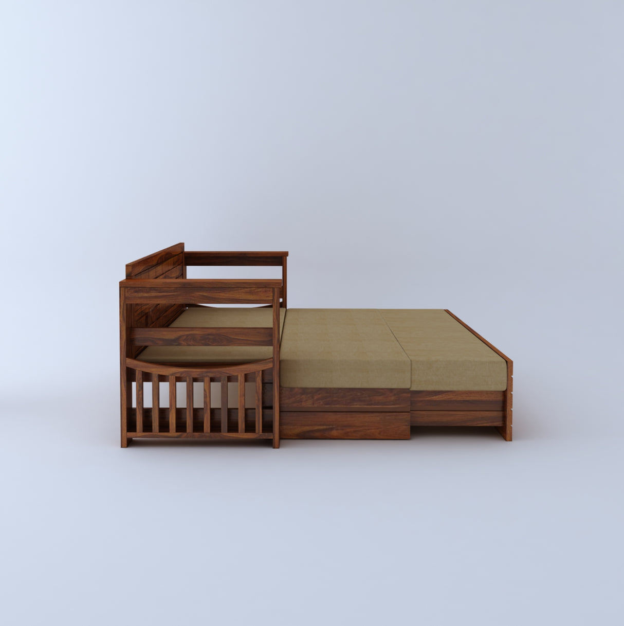 Italian Solid Sheesham Wood 3 Seater Sofa Cum Bed With Headboard and Mini Storage - 3 Year Warranty
