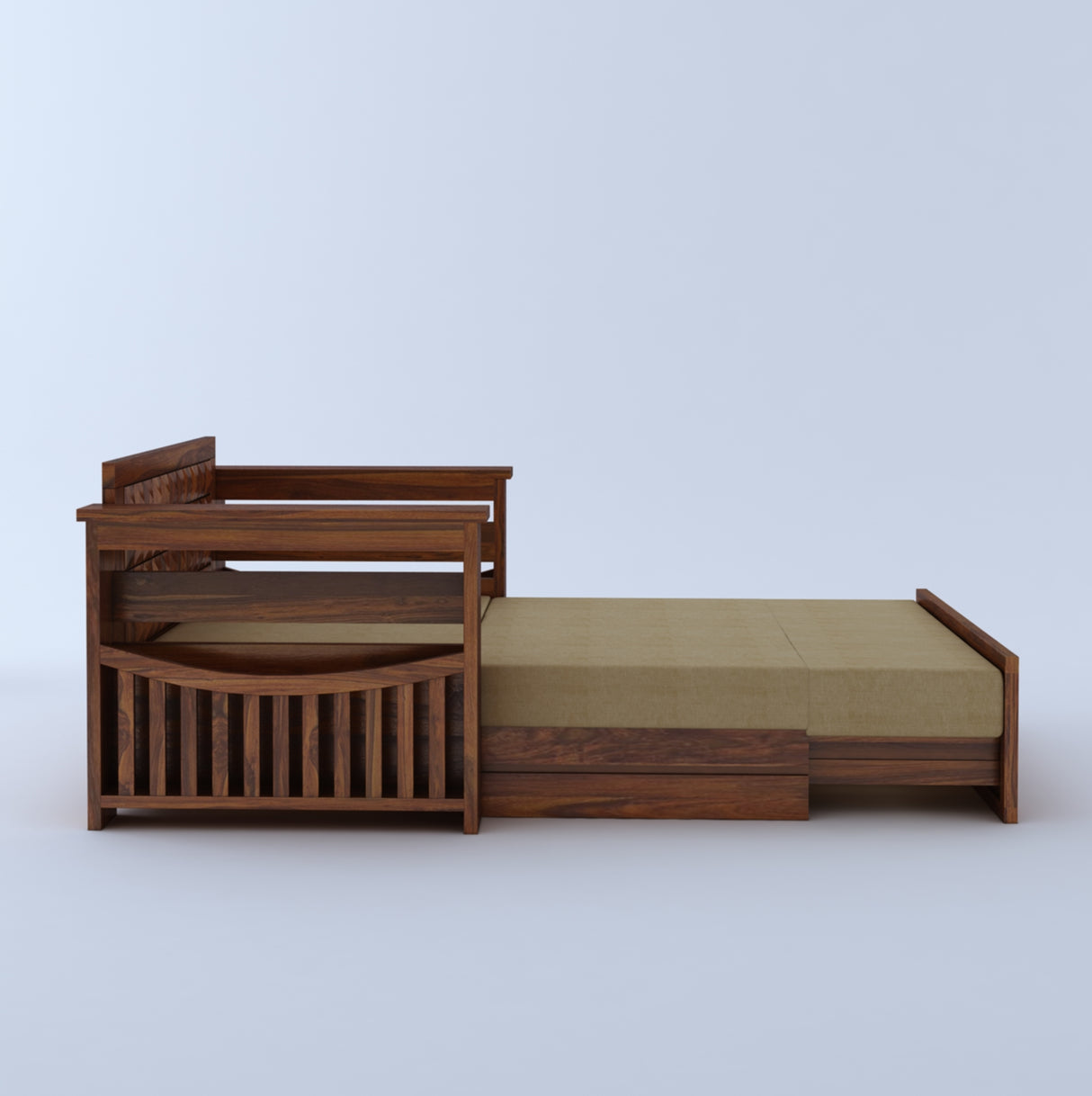OSLO Solid Sheesham Wood 2 Seater Sofa Cum Bed With Headboard and Mini Storage - 3 Years Warranty
