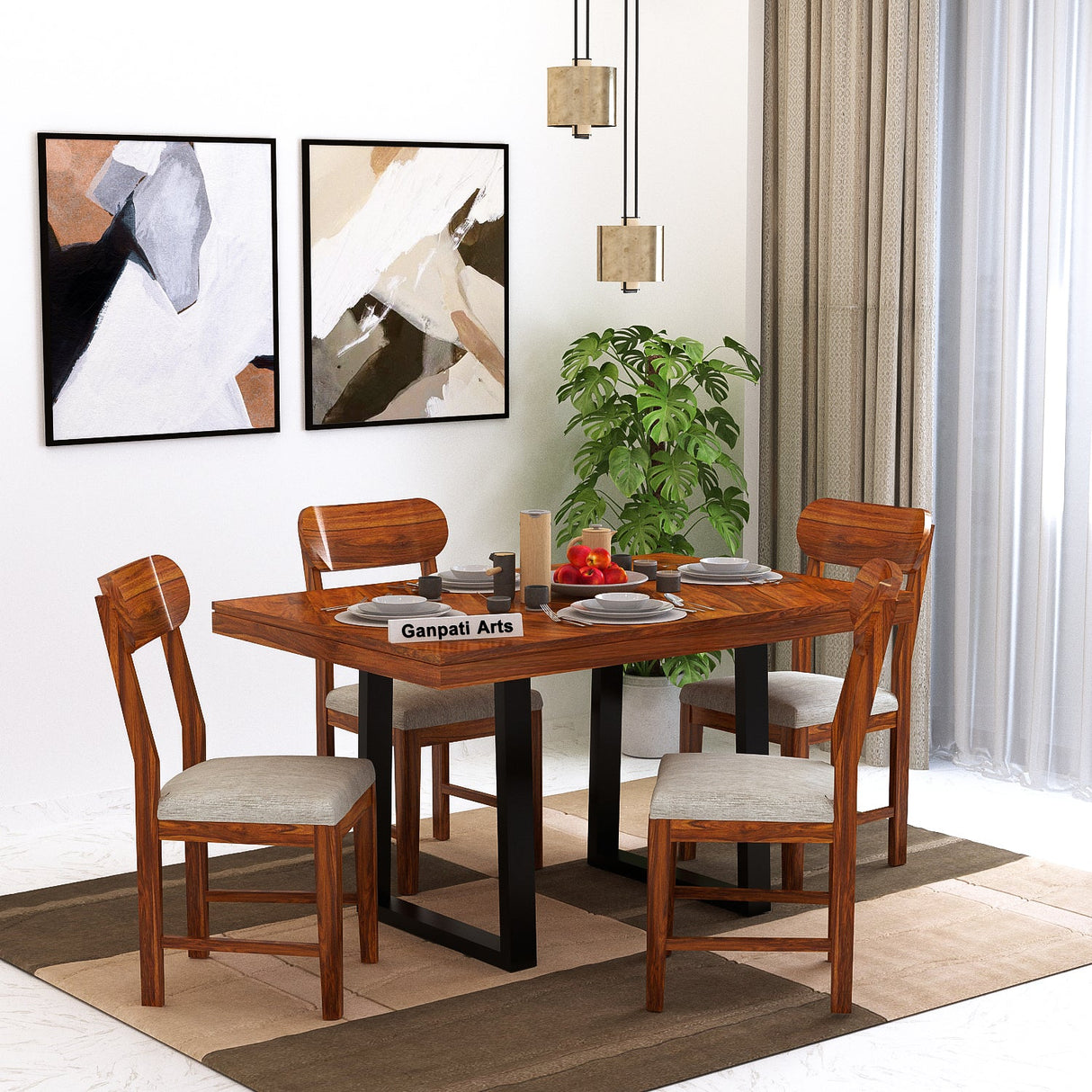 Wave Solid Sheesham Wood 4 Seater Dining Set With Iron Legs(Wave Detailing Top) -  3 Years Warranty