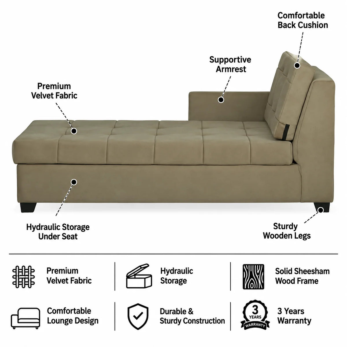 Fabrio Velvet Fabric LHS Lounger With Hydraulic Storage In Brown Color