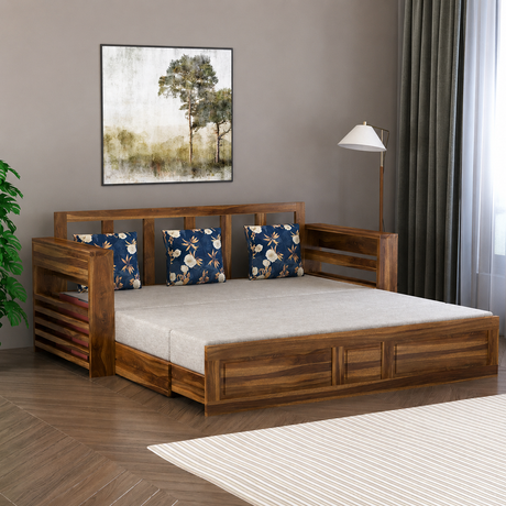 Lurid Solid Sheesham Wood 3 Seater Sofa Cum Bed Walnut with Side Pockets - 3 Years Warranty