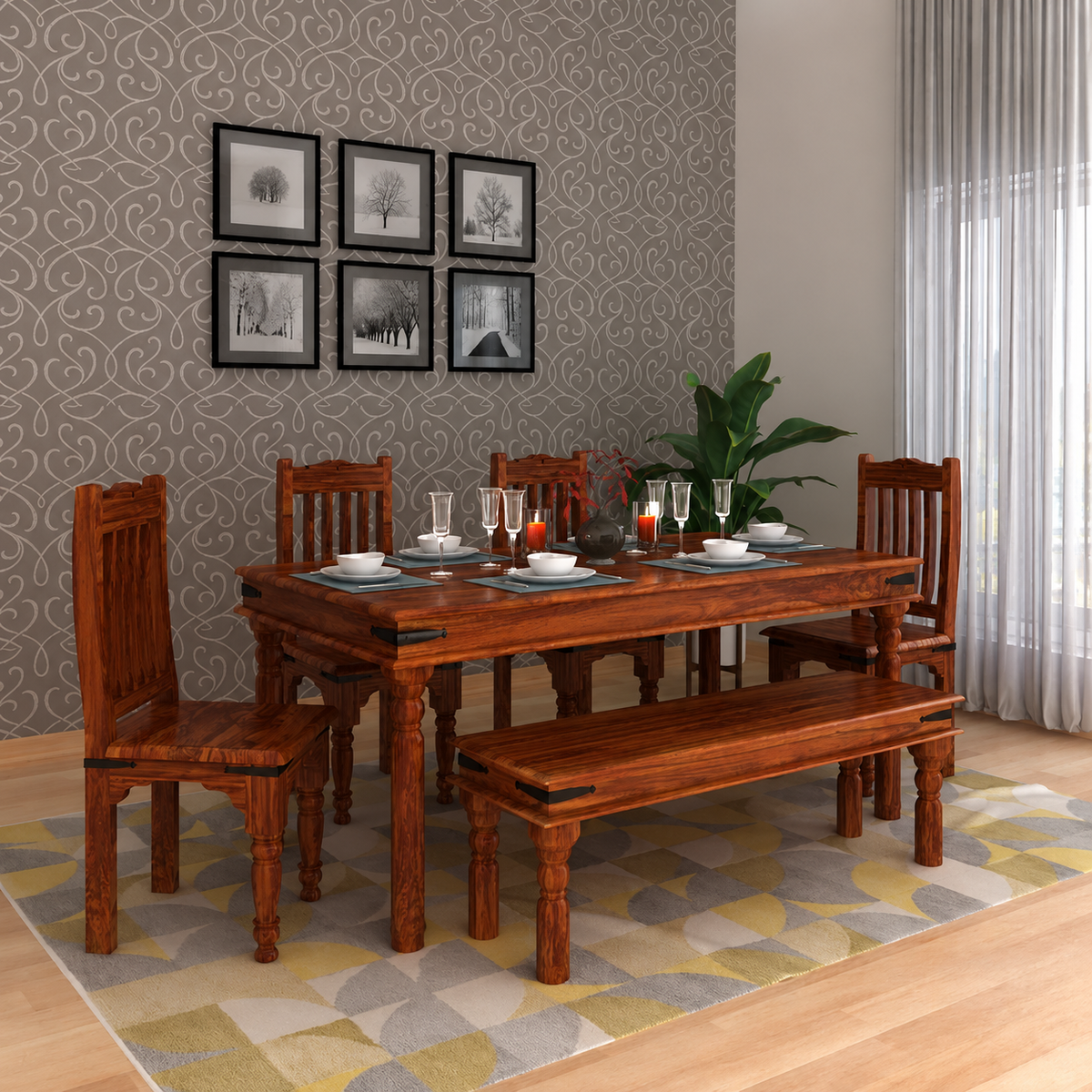 Akon Solid Sheesham Wood 6 Seater Dining Table Set - 3 Years Warranty