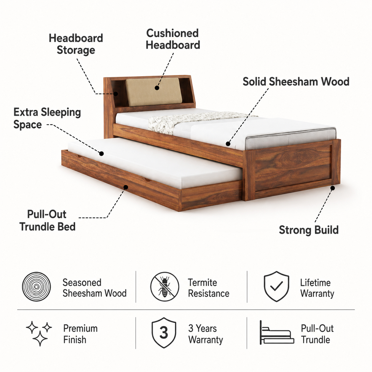 Mayor Solid Sheesham Wood Single Trundle Bed With Headboard Storage - 3 Years Warranty features