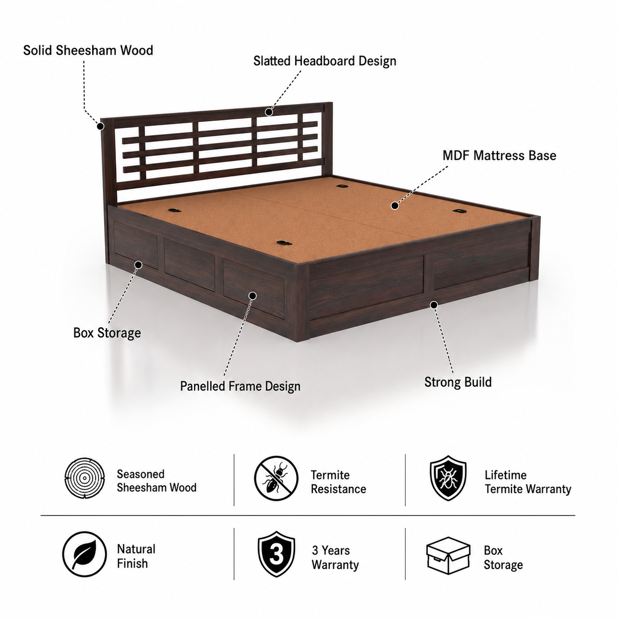 Lyon Solid Sheesham Wood Bed With Box Storage -  3 Years Warranty features