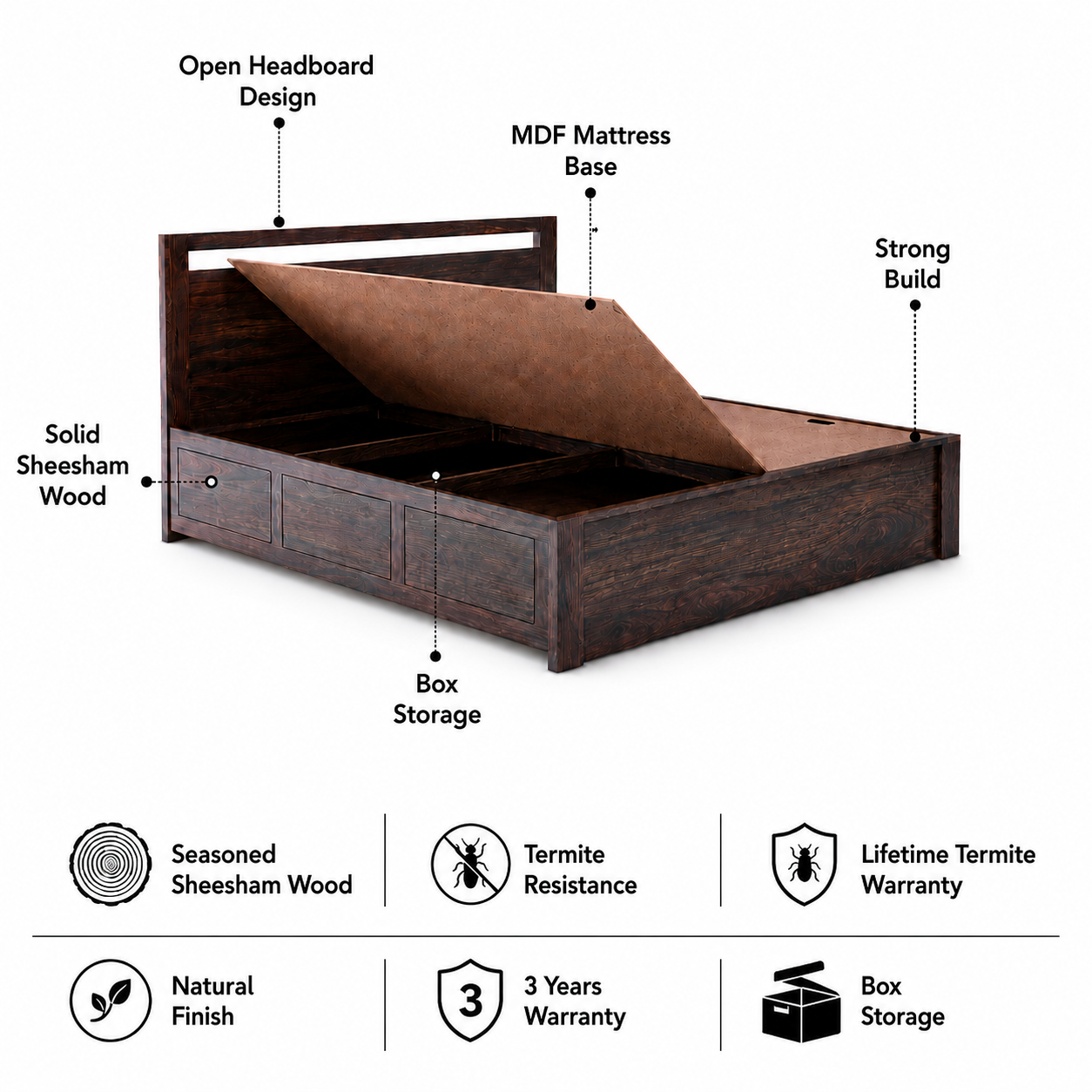 Jaipur Solid Sheesham Wood Box Storage Bed - 3 years Warranty features