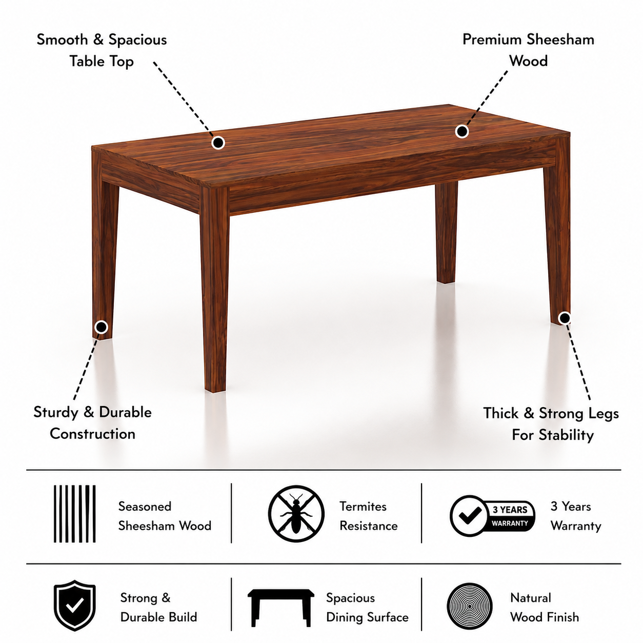 Maldives Solid Sheesham Wood 6 Seater Dining Table - 3 Years Warranty features