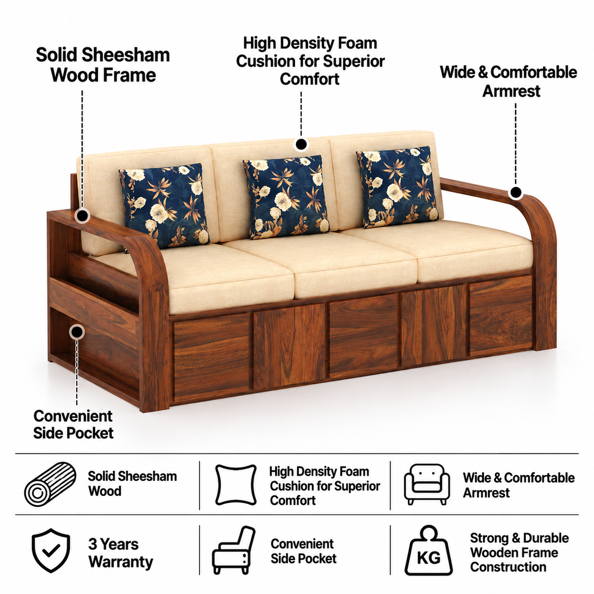 Scott Solid Sheesham Wood 3 Seater Sofa With Side Pockets - 3 years Warranty features