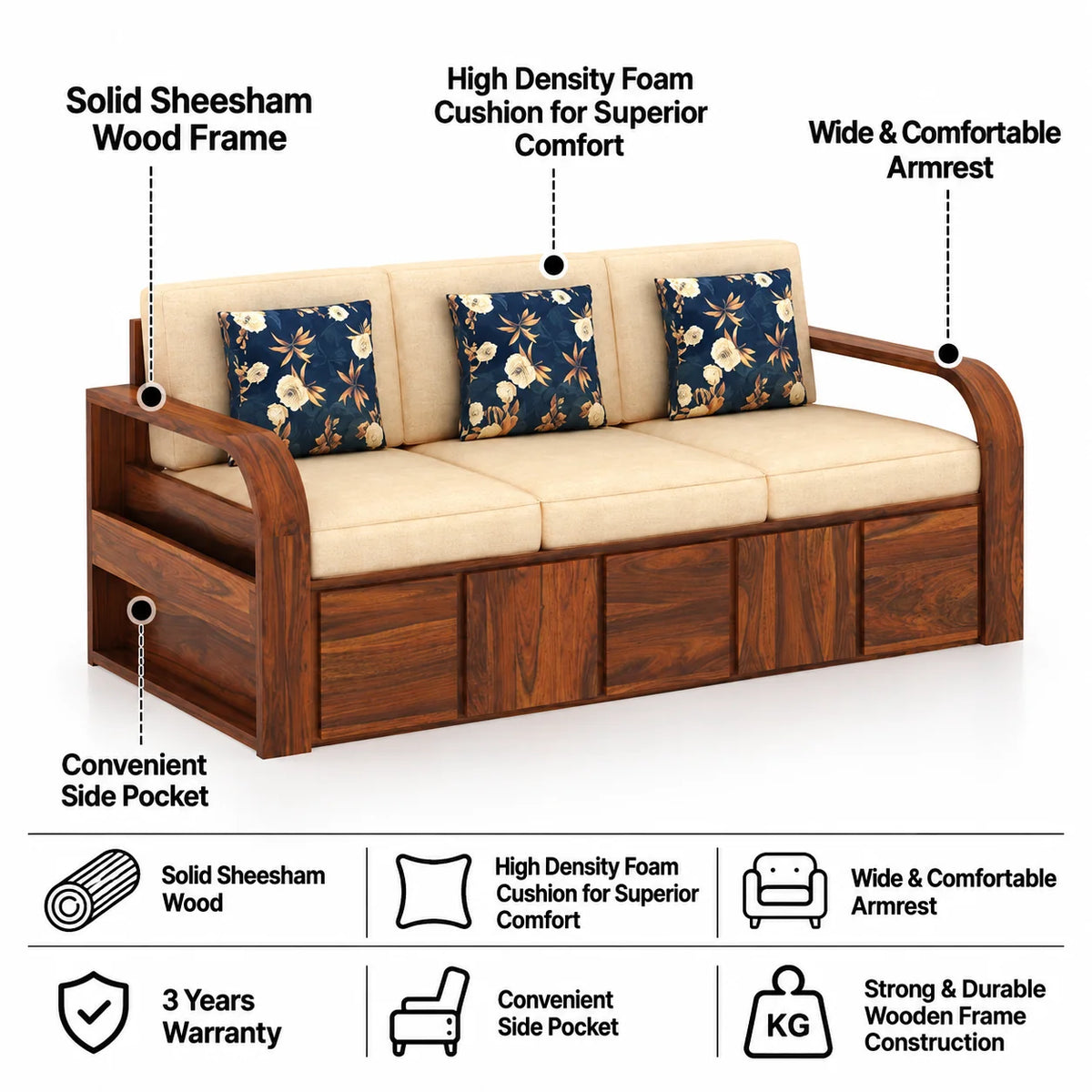 Scott Solid Sheesham Wood 3 Seater Sofa With Side Pockets - 3 years Warranty
