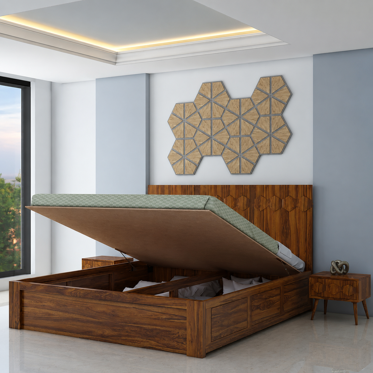 Hexa Solid Sheesham Wood Bed with Hydraulic Box Storage - 3 Years Warranty