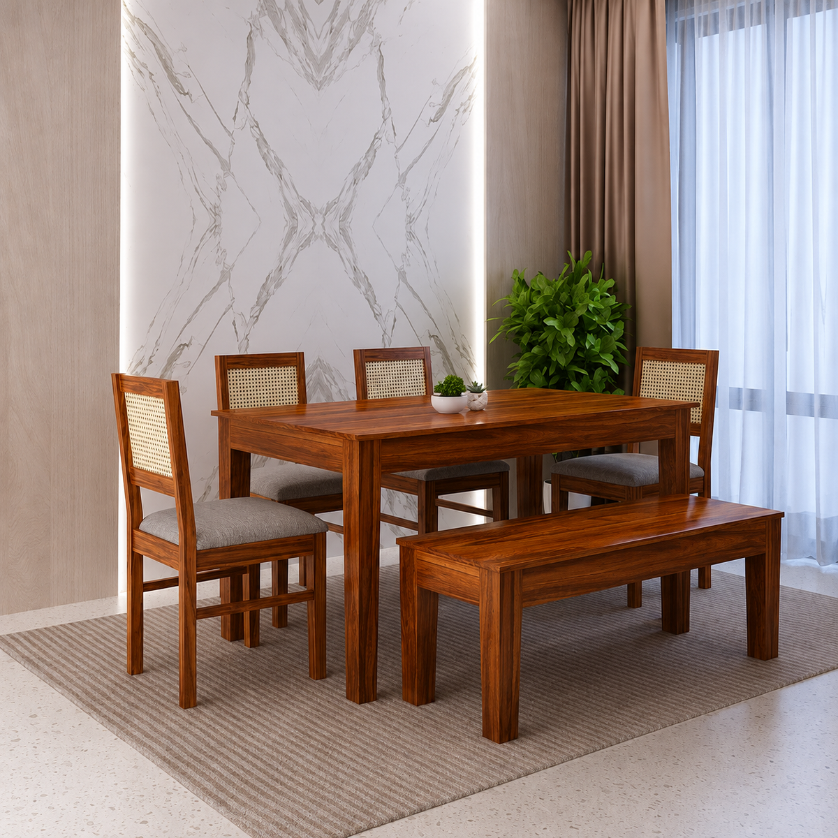 Syrus Rattan Solid Sheesham Wood 6 Seater Dining Table Set- 3 Years Warranty