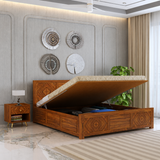 Wave Solid Sheesham Wood Bed with Hydraulic Storage - 3 Years Warranty