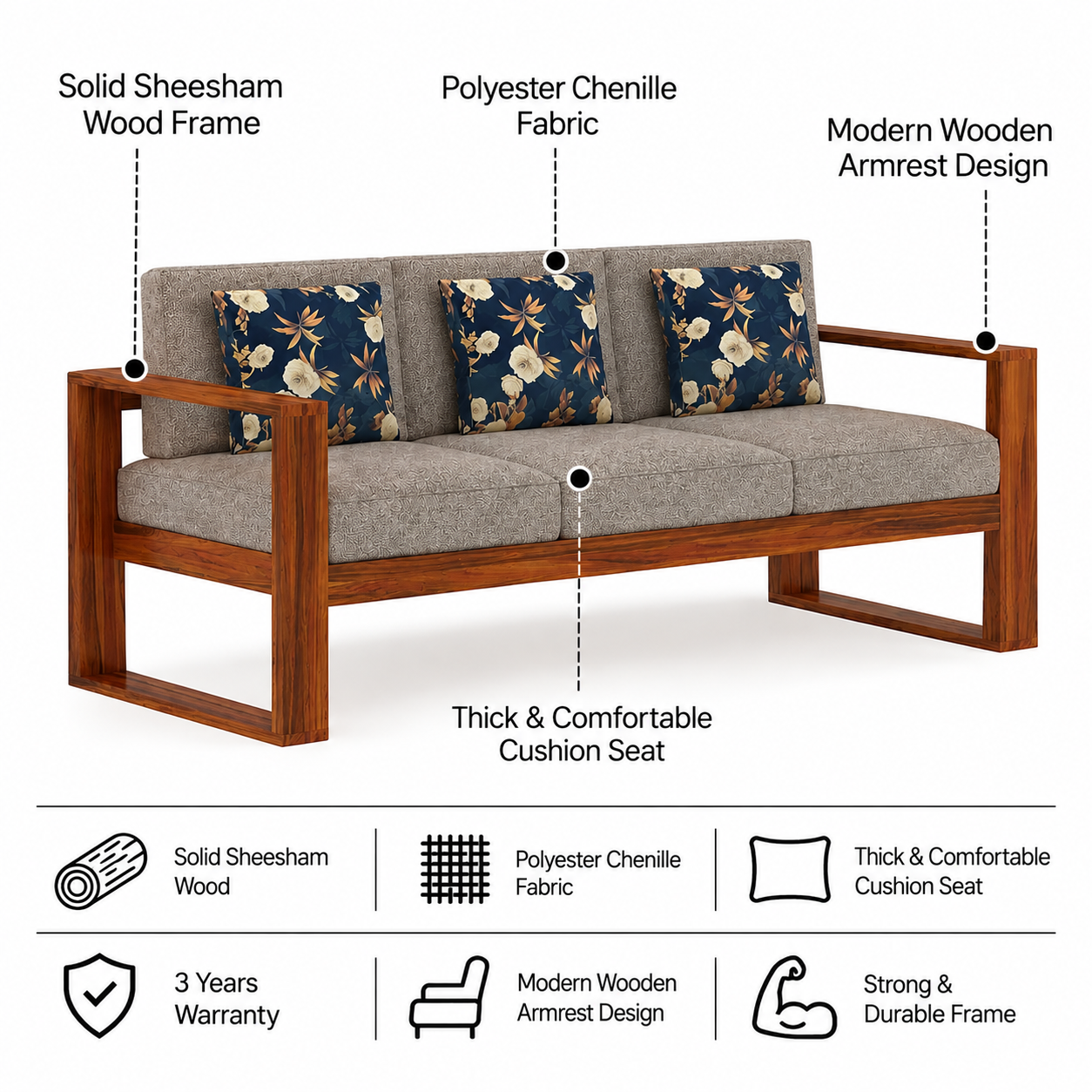 Euro Solid Sheesham Wood 3 Seater Sofa - 3 Years Warranty features