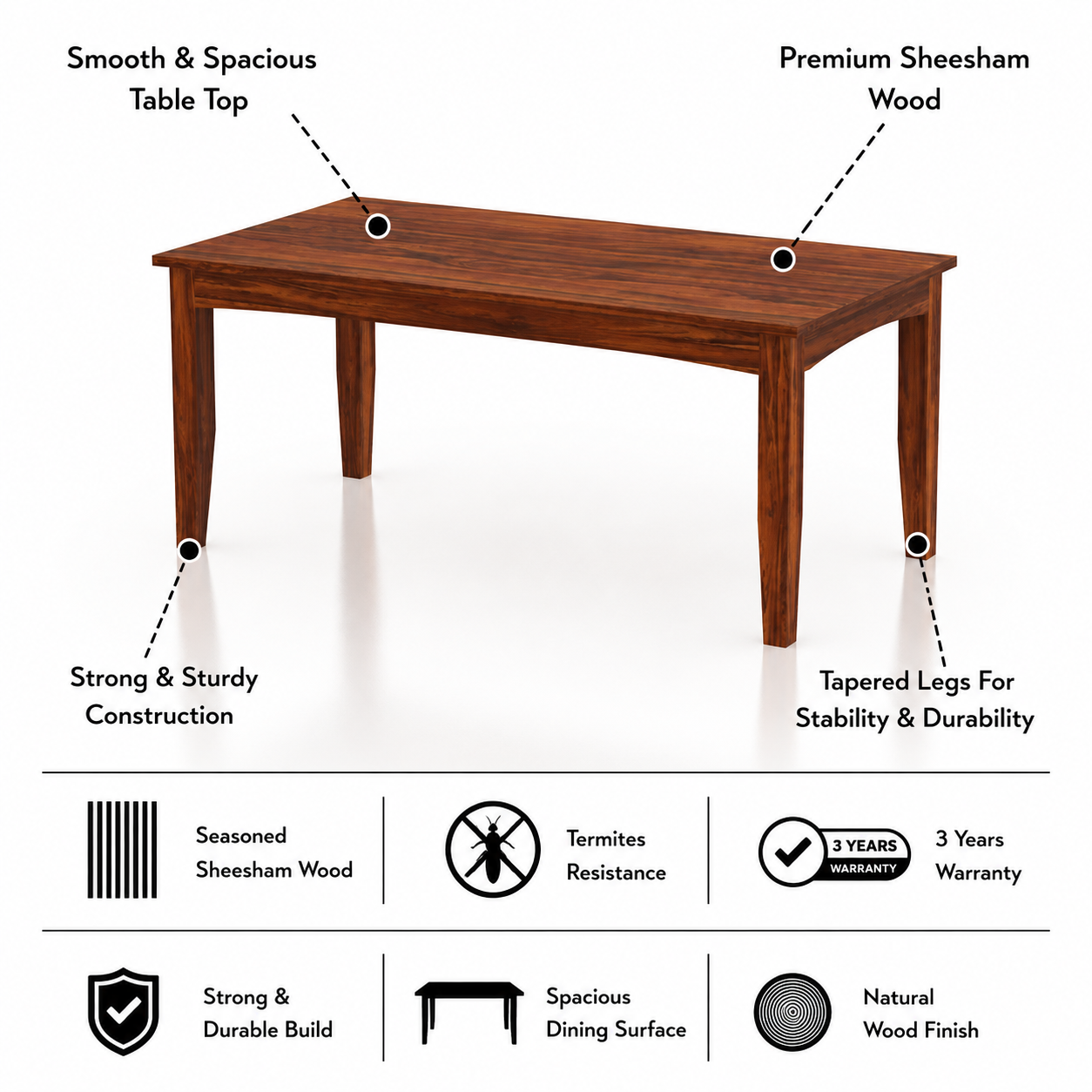 Crown Solid Sheesham Wood 6 Seater Dining Table Set With Bench - 3 Years Warranty features