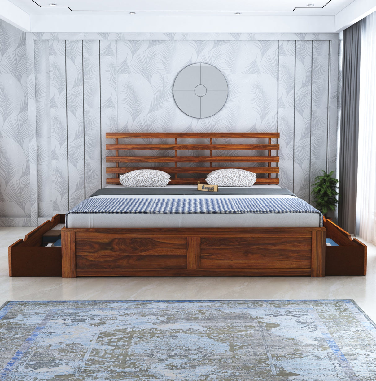Strap Solid Sheesham Wood Bed With Two Drawer Storage - 3 Years Warranty