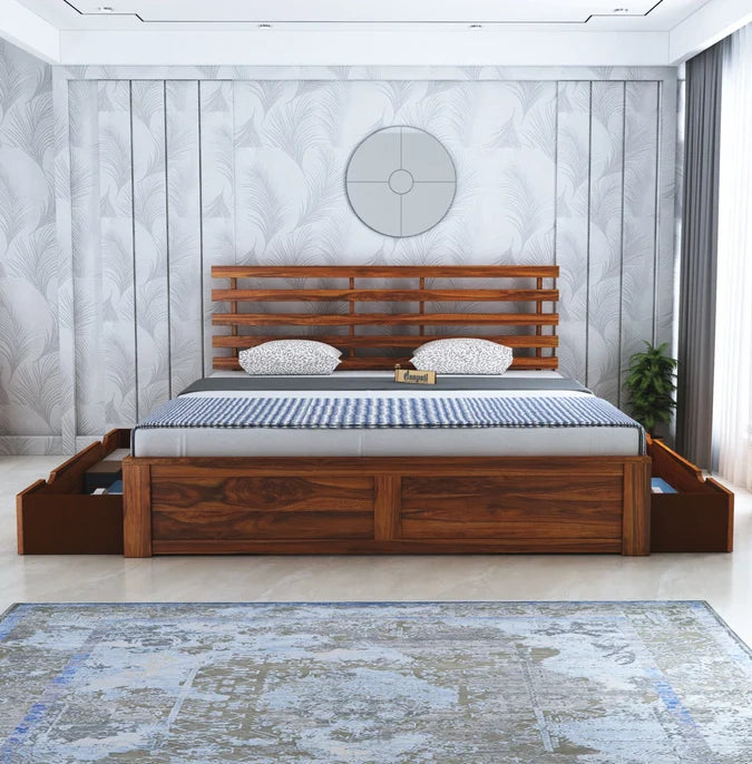 Strap Solid Sheesham Wood Bed With Two Drawer Storage - 3 Years Warranty features