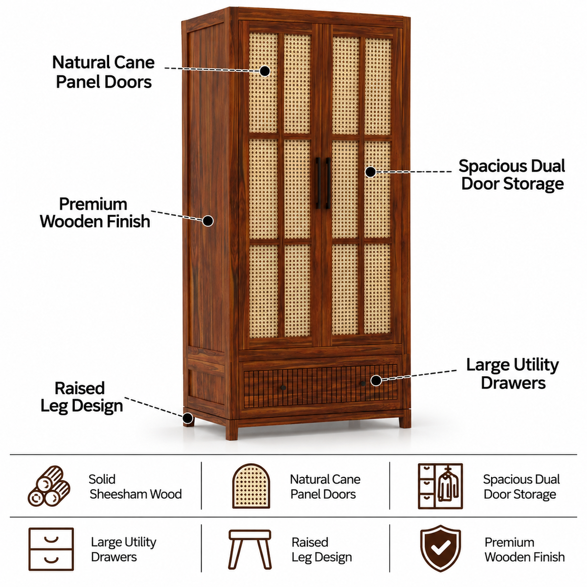 Martino Solid Sheesham Wood Wardrobe With Two Doors and Drawer - 3-Year Warranty