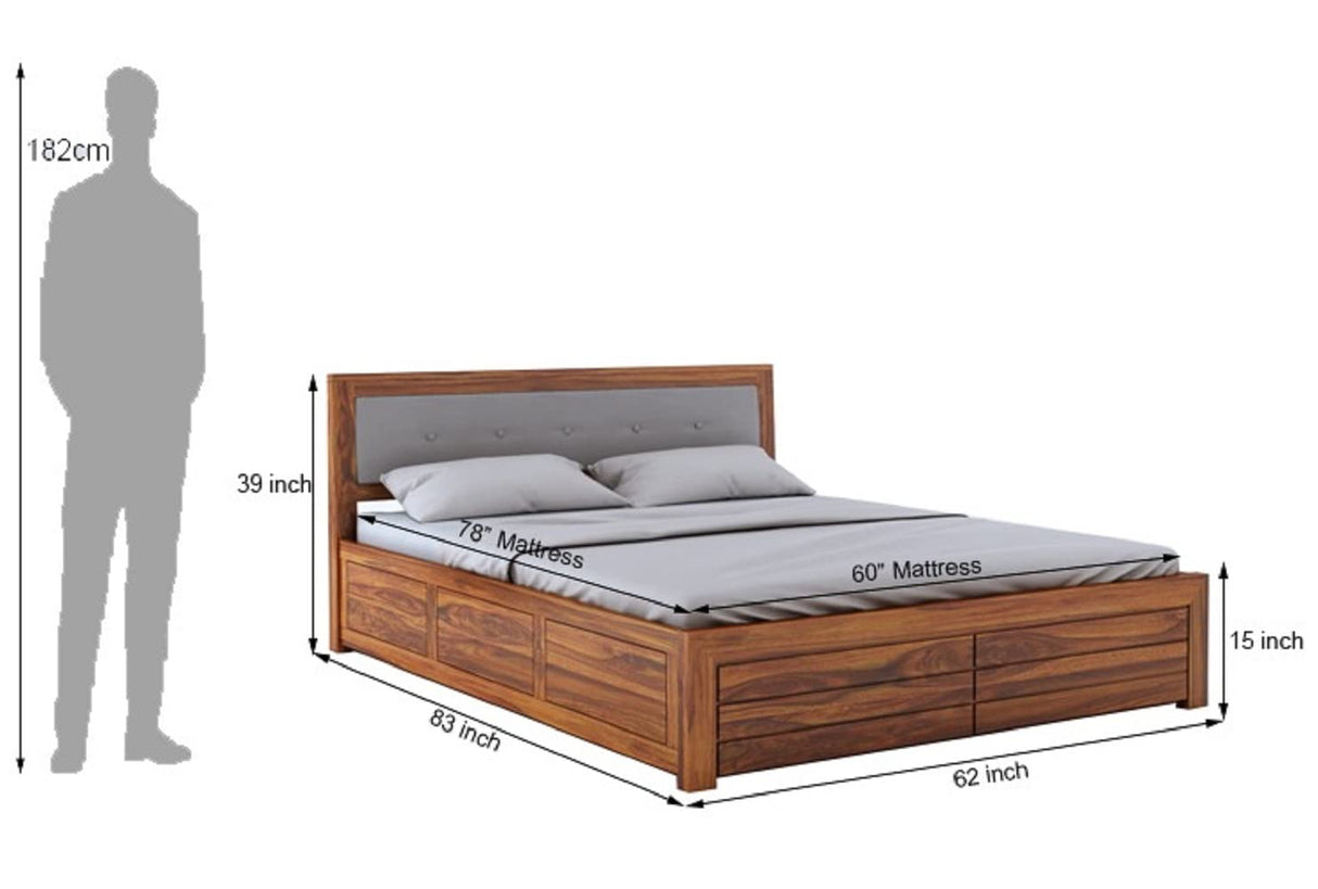 Euro Solid Sheesham Wood Bed with Box Storage and Upholstery Headboard -  3 Years Warranty