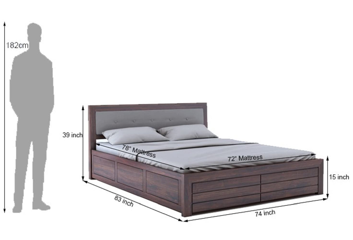 Euro Solid Sheesham Wood Bed with Box Storage and Upholstery Headboard -  3 Years Warranty