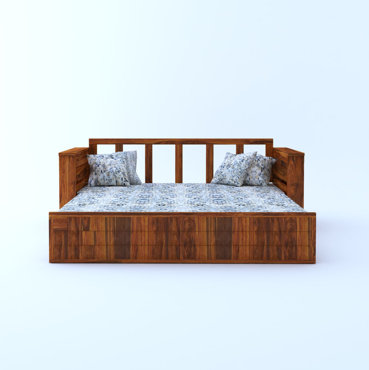 OSLO Solid Sheesham Wood 3 Seater Sofa Cum Bed With Side Pockets FLORAL - 3 Years Warranty