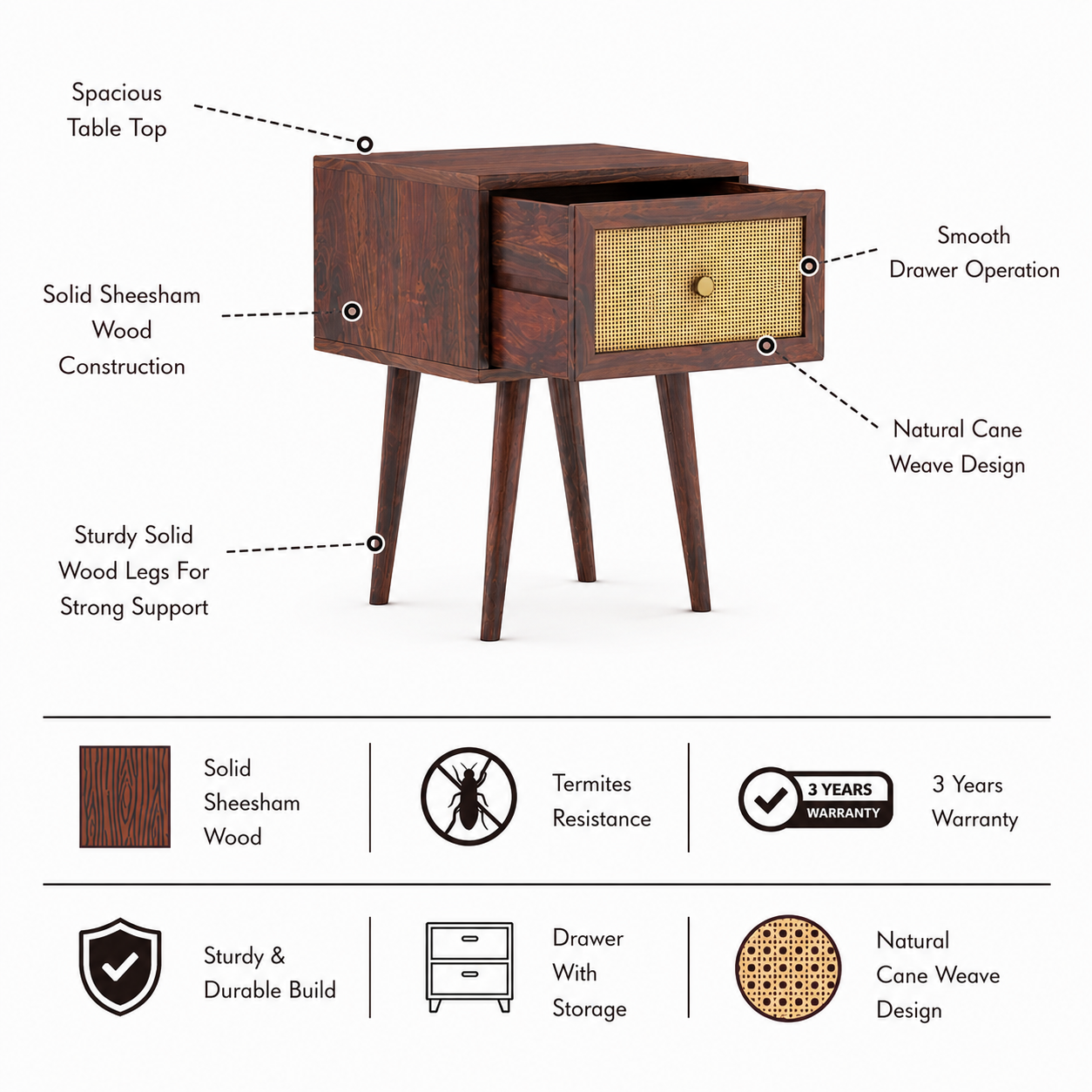 Syrus Solid Sheesham Wood One Drawer Bedside Cane - 3 Years Warranty features