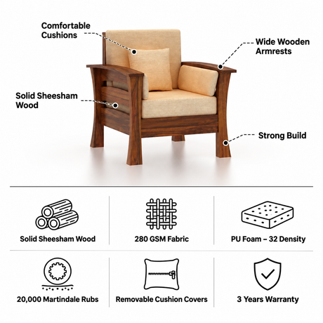 Nirvana Solid Sheesham Wood Single Seater Sofa - 3 Years Warranty