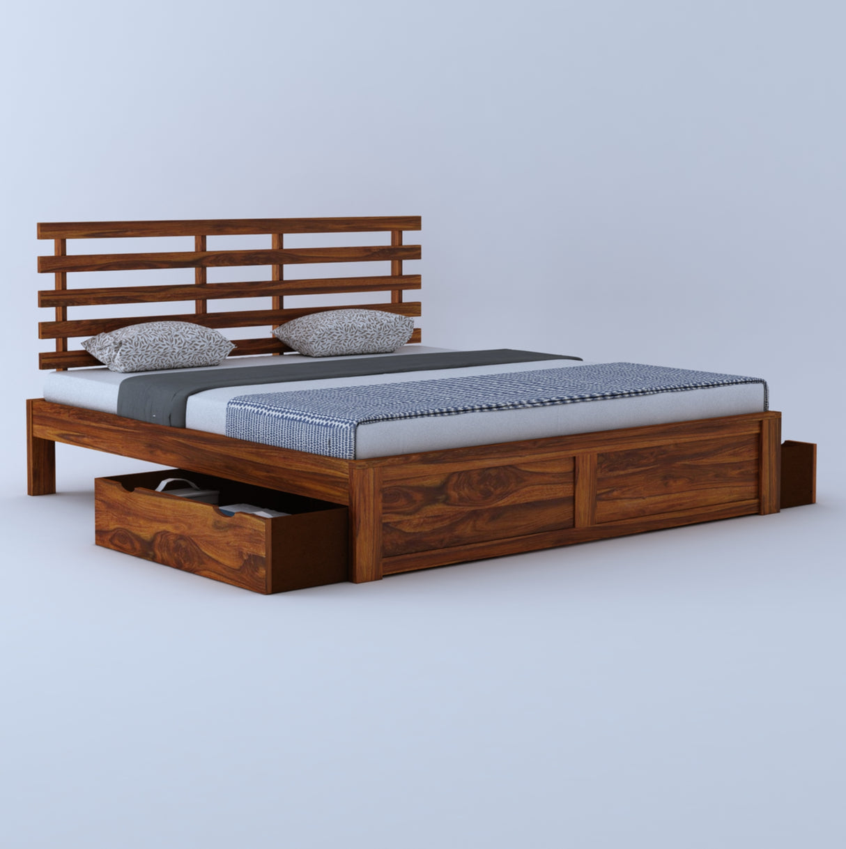 Strap Solid Sheesham Wood Bed With Two Drawer Storage - 3 Years Warranty