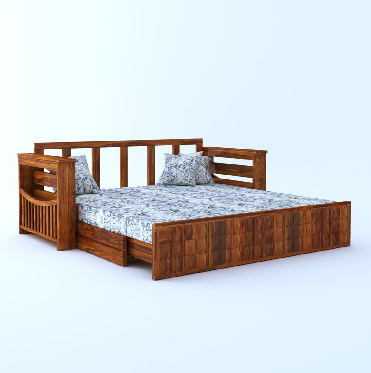 OSLO Solid Sheesham Wood 3 Seater Sofa Cum Bed With Side Pockets FLORAL - 3 Years Warranty