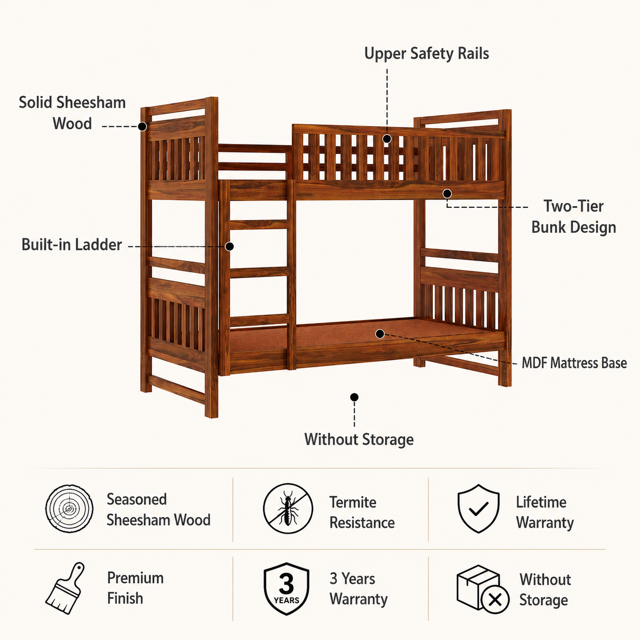 Swift Solid Sheesham Wood Bunk Bed Without Storage - 3 years Warranty features