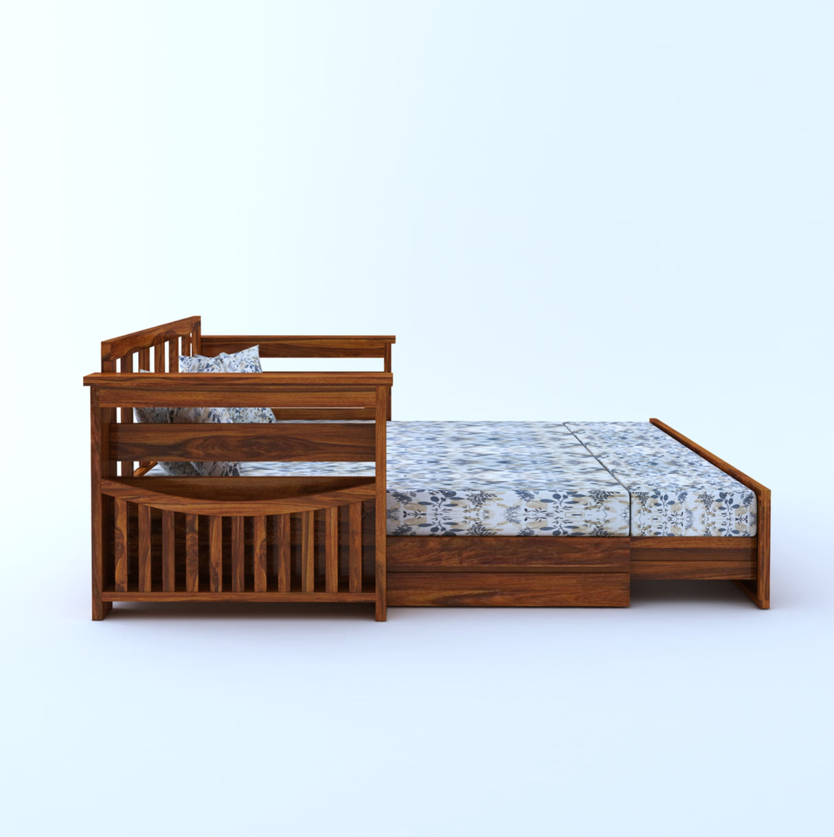 OSLO Solid Sheesham Wood 3 Seater Sofa Cum Bed With Side Pockets FLORAL - 3 Years Warranty