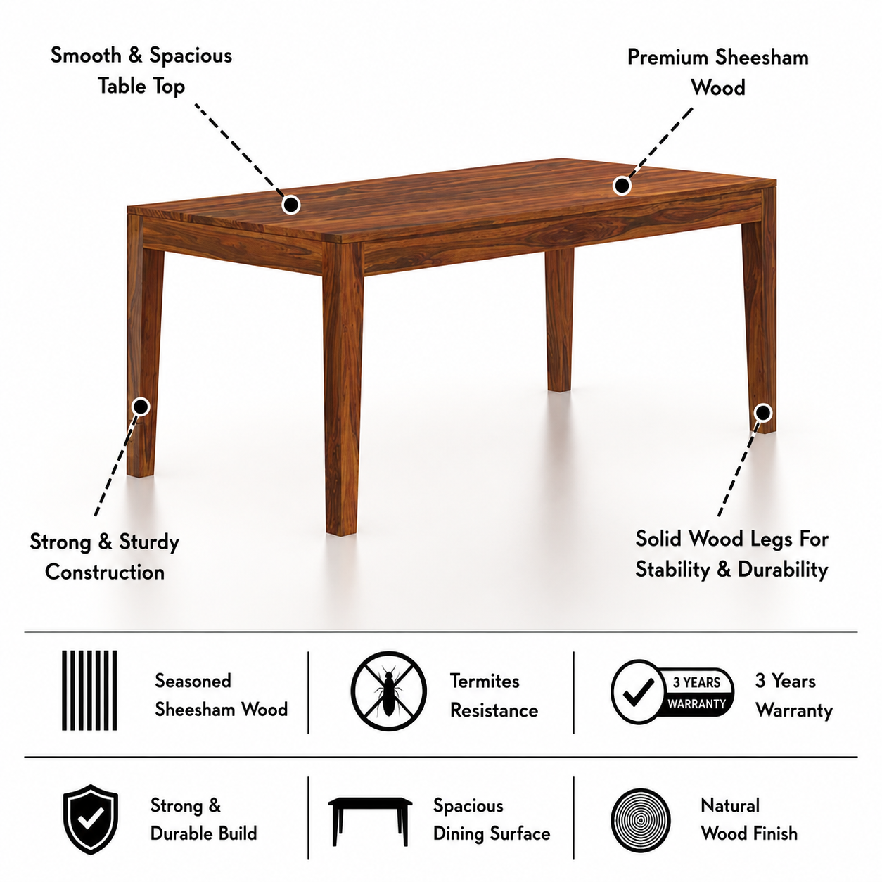 Nirvana Solid Sheesham Wood 6 Seater Dining Table Set With Upholstered Chairs- 3 Years Warranty features