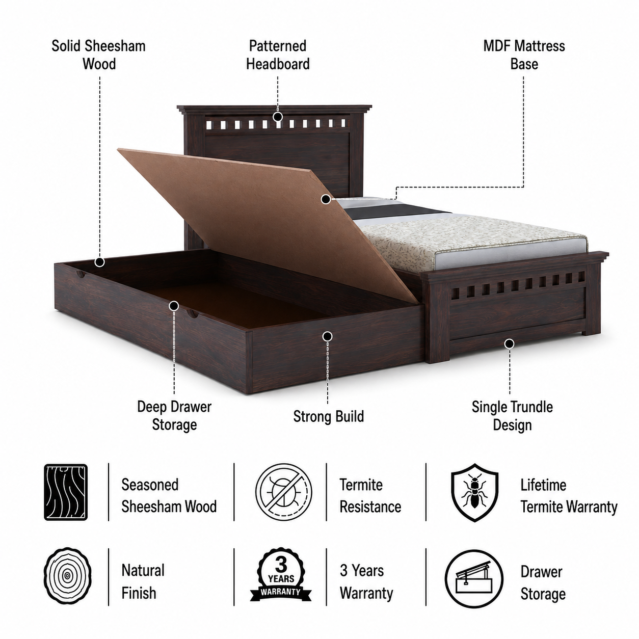 Armania Solid Sheesham Wood Single Trundle Bed With Storage - 3 Years Warranty features
