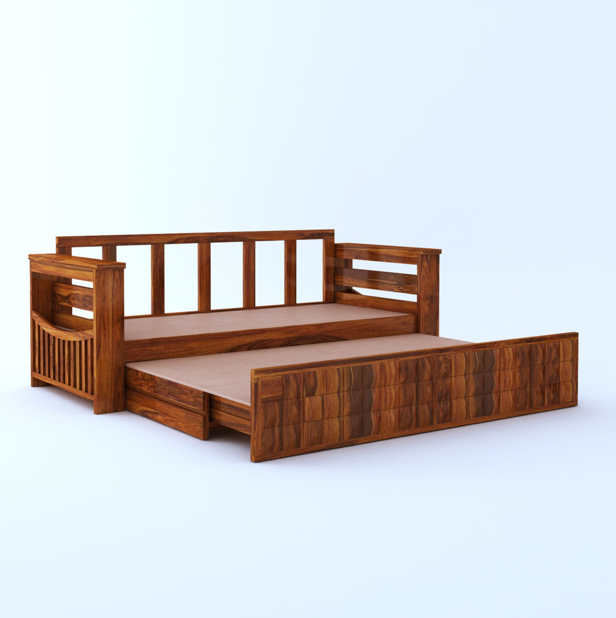 OSLO Solid Sheesham Wood 3 Seater Sofa Cum Bed With Side Pockets FLORAL - 3 Years Warranty