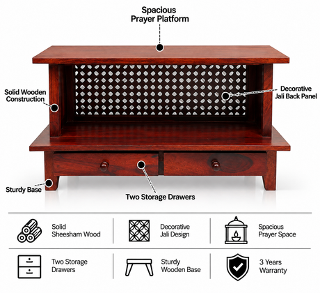 Jodhpur Solid Sheesham Wood Mandir/Temple - 3 Years Warranty