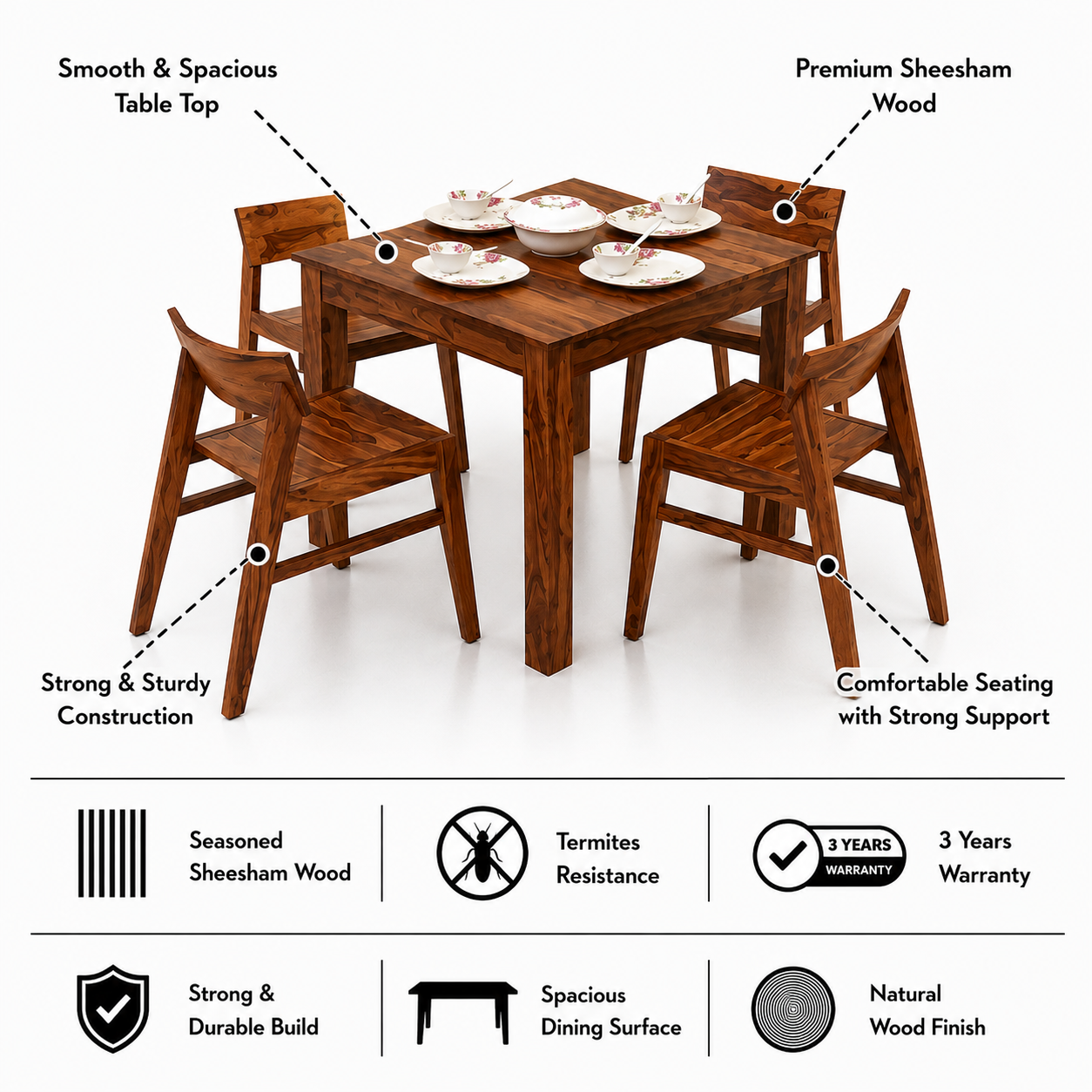 Rio Solid Sheesham Wood Square 4 Seater Dining Set - 3 Years Warranty features